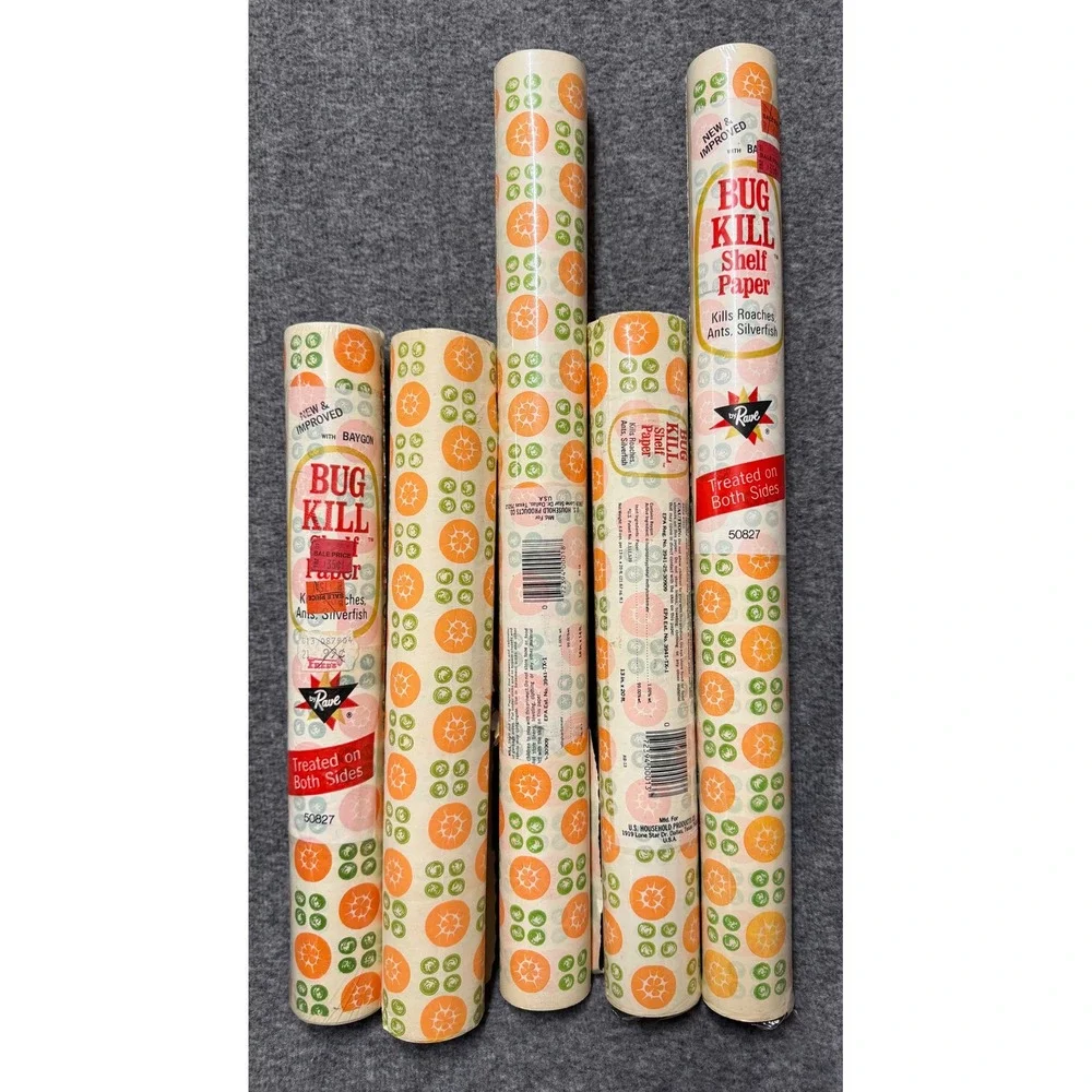 Vintage Bug Kill Shelf Paper by Rave Baygon Treated 5 Rolls Orange Green Floral